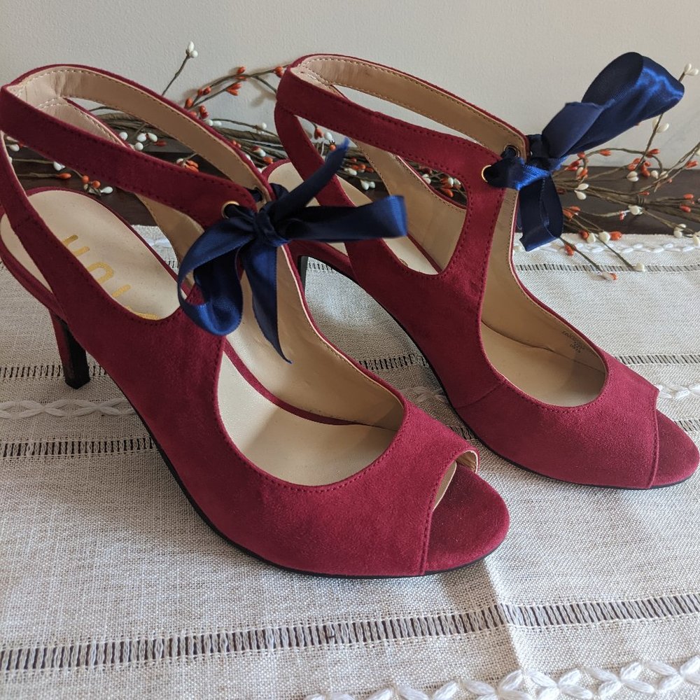 Unisa Burgundy Stiletto Heels with Navy Ankle Ribbon